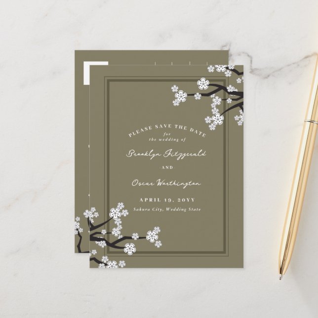 White Cherry Blossoms Sakura Asian Save The Date Announcement Postcard (Front/Back In Situ)