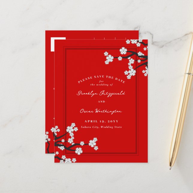 White Cherry Blossoms Sakura Asian Save The Date Announcement Postcard (Front/Back In Situ)
