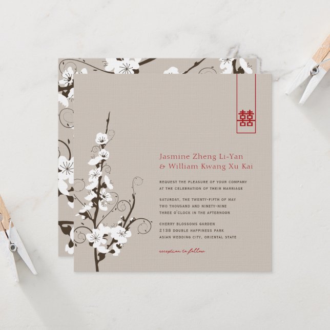 White Cherry Blossoms Sakura Swirls Asian Wedding Invitation (Front/Back In Situ)