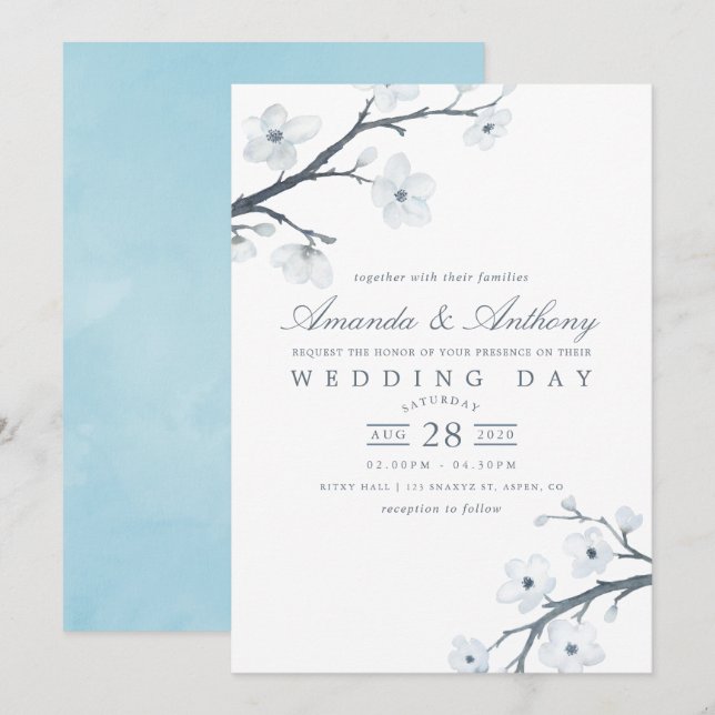 White Cherry Blossoms Wedding Invitation (Front/Back)