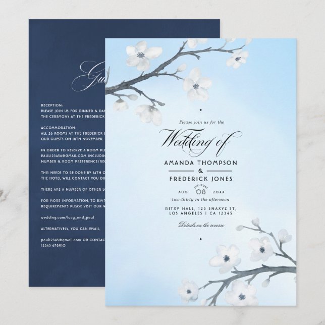 White Cherry Blossoms Wedding Invitation (Front/Back)