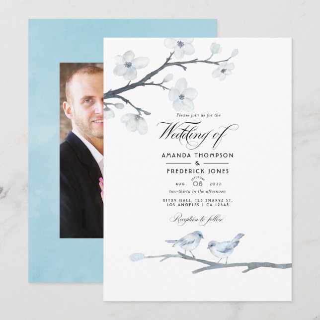 White Cherry Blossoms Wedding Photo Invitation (Front/Back)