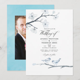 White Cherry Blossoms Wedding Photo Invitation