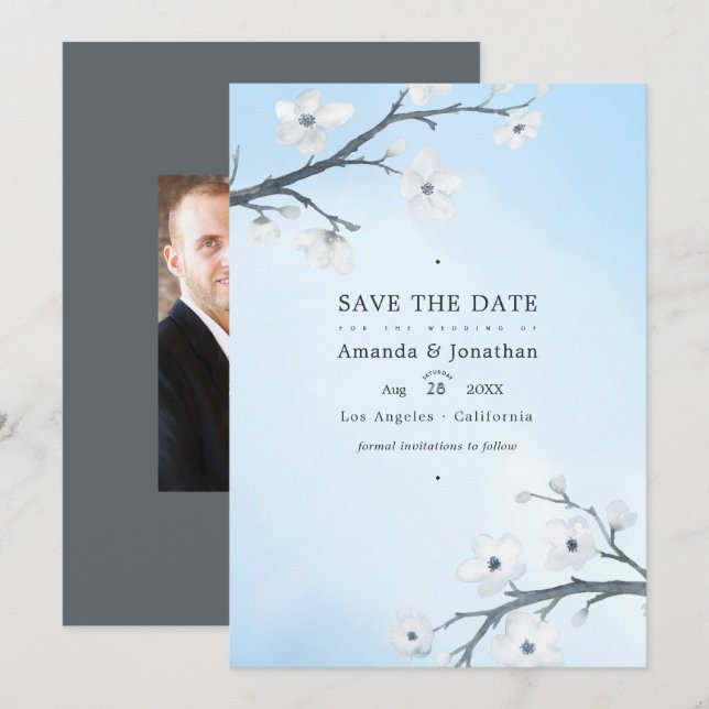 White Cherry Blossoms Wedding Photo Save The Date (Front/Back)