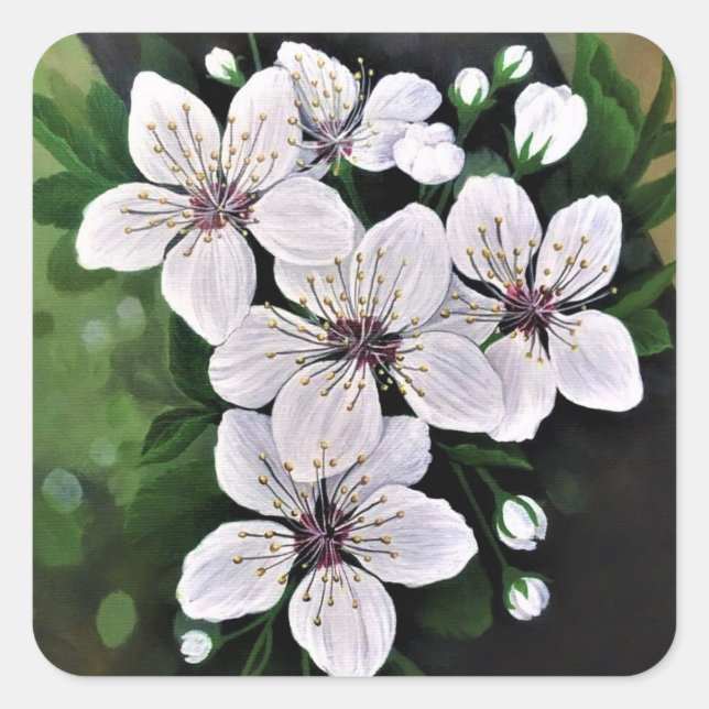 White Cherry Flowers Art In Acrylic Square Sticker (Front)