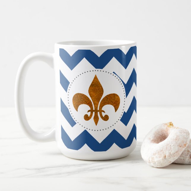 White Chevrons Gold Fleur de Lis Mug (With Donut)