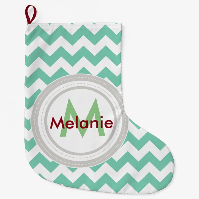 White Chevrons Name & Initial Letter Large Christmas Stocking (Front)