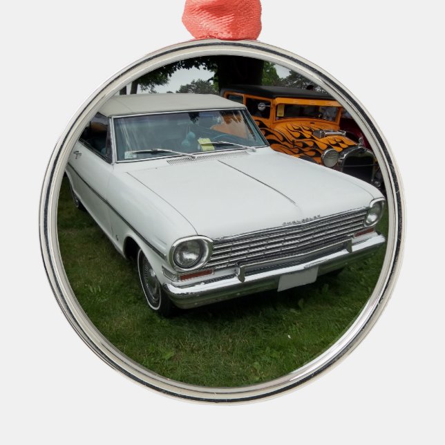 white chevy 1963 nova with chrome front view metal tree decoration (Front)