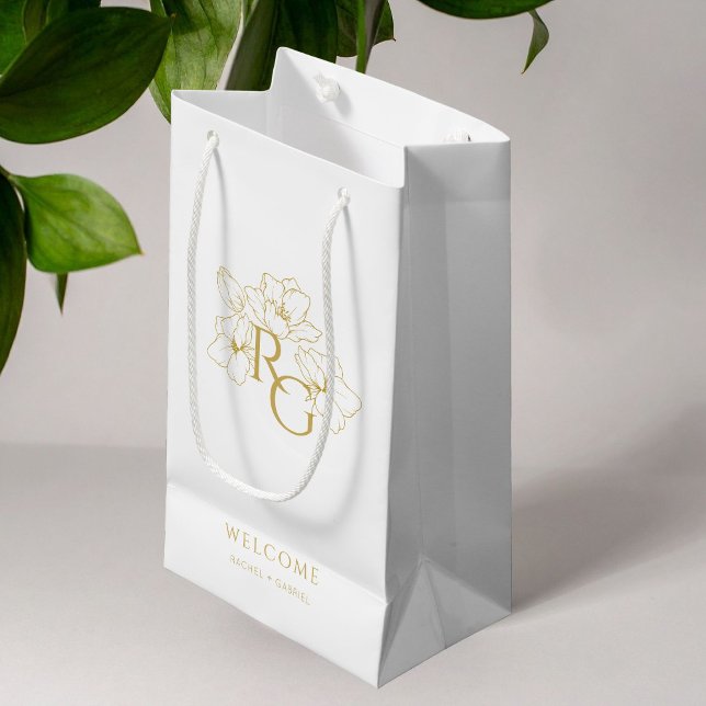 White | Chic Faux Gold Monogram Welcome Wedding  Small Gift Bag (Creator Uploaded)
