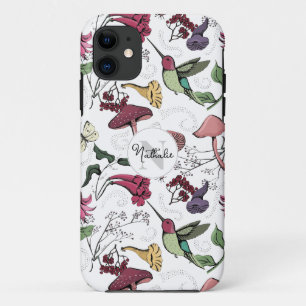 White Chic & Feminine Hummingbird Garden Monogram iPhone 11 Case