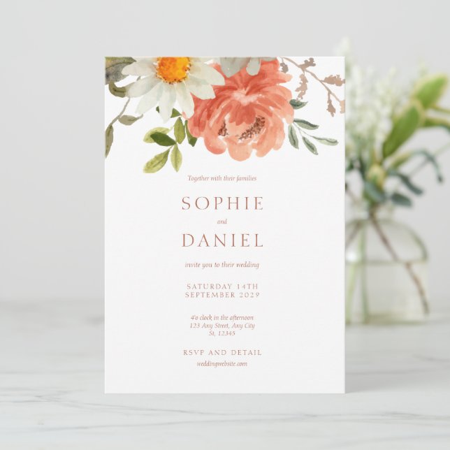 White  Chic Floral Watercolor Wedding Invitation (Standing Front)