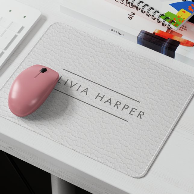 White Chic | Minimal Leather Look Mouse Mat (Custom Monogram Faux Leather Texture Mousepad: Personalized Elegance for Your Workspace)