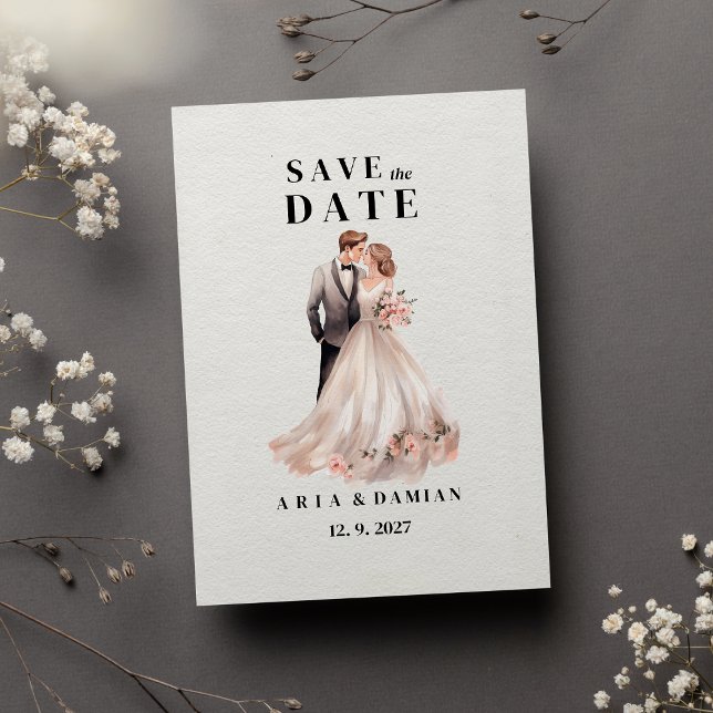 White chic pink floral couple photo Save the Date Invitation (White chic pink floral couple photo Save the Date)
