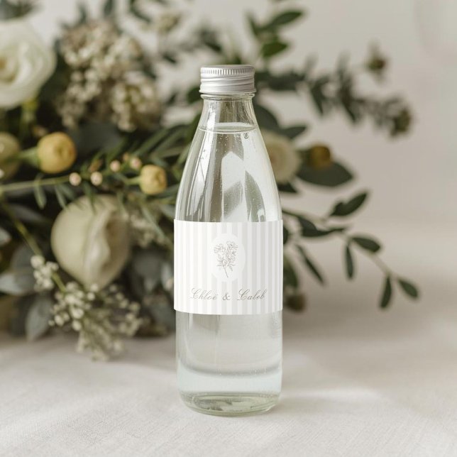 White | Chic Stripe Botanical Wedding  Water Bottle Label (Creator Uploaded)