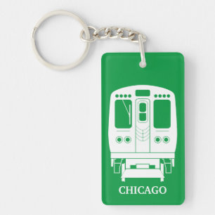 White Chicago “L” Profile on Green Background Key Ring