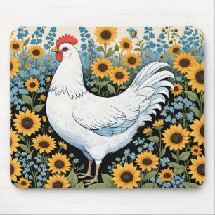 White Chicken and Sunflowers Mouse Mat