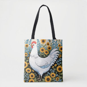 White Chicken and Sunflowers Tote Bag