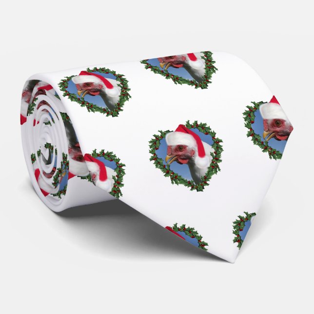 White Chicken in Heart Wreath Christmas Tie (Rolled)