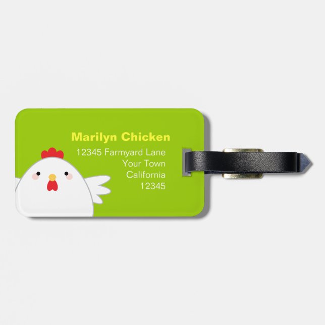 White Chicken on Green Personalizable Luggage Tag (Back Horizontal)
