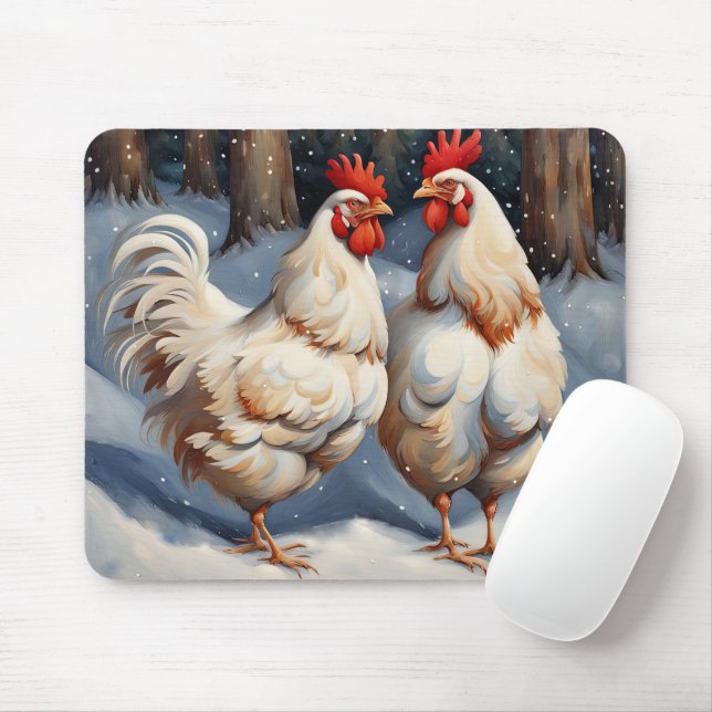 White Chickens In Snow Mouse Mat (With Mouse)