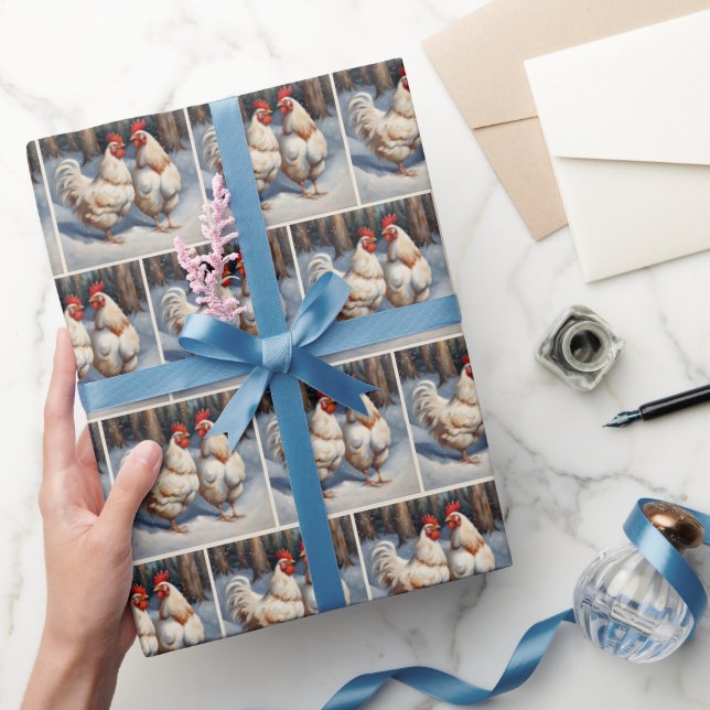 White Chickens In Snow Wrapping Paper (Gifting)