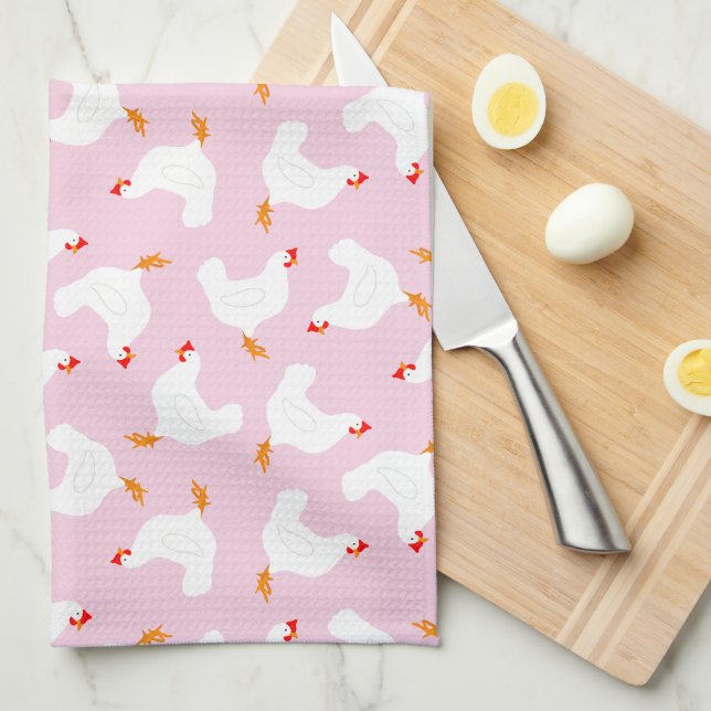 White Chickens on Pink Tea Towel (Quarter Fold)