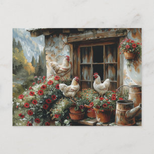 White Chickens on Windowsill Red Flowers Clay Pot  Postcard