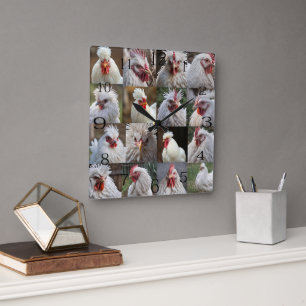 White Chickens Photo Collage, Square Wall Clock