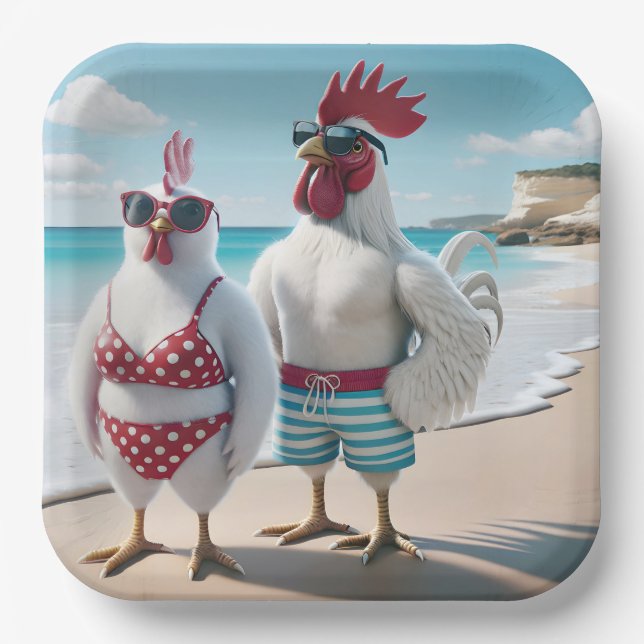 White Chickens Wearing Swimsuits Paper Plate (Front)