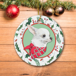 White Chihuahua Dog Holly Border Ceramic Tree Decoration