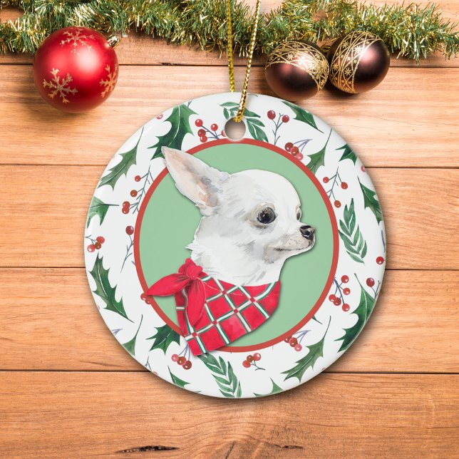 White Chihuahua Dog Holly Border Ceramic Tree Decoration (Creator Uploaded)