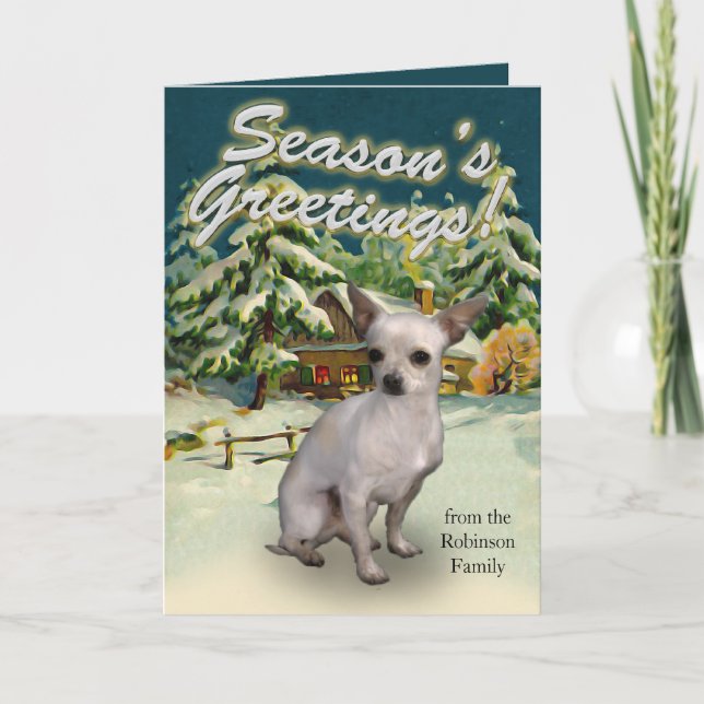 White Chihuahua Snow Cabin Christmas Cards (Front)