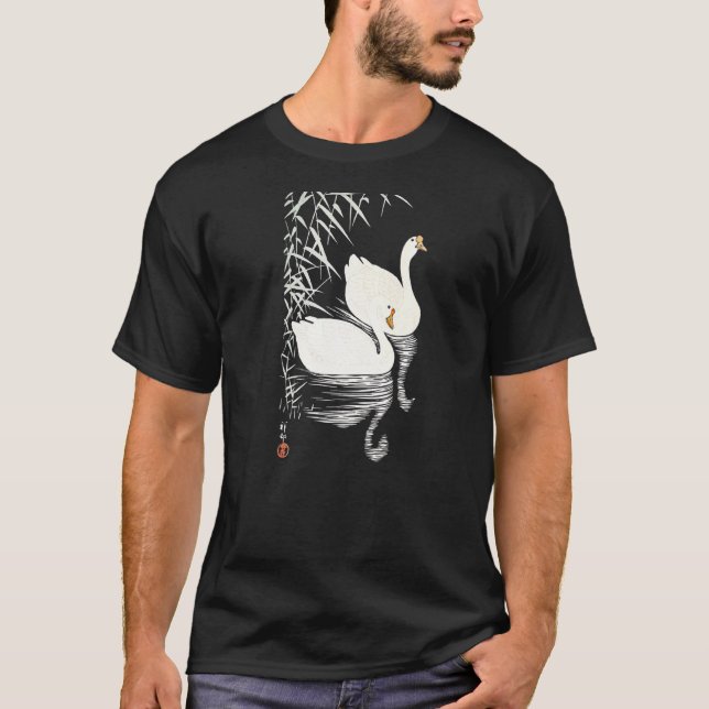 White Chinese Geese Swimming By Reeds Chinese Art  T-Shirt (Front)