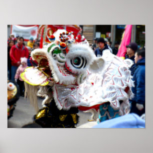 White Chinese Lion Dancer Chinatown Poster