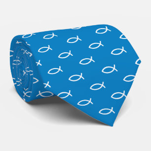 White Christian Fish Symbol Pattern Sky Blue Tie