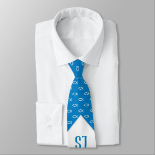 White Christian Fishes   Initials Sky Blue Tie