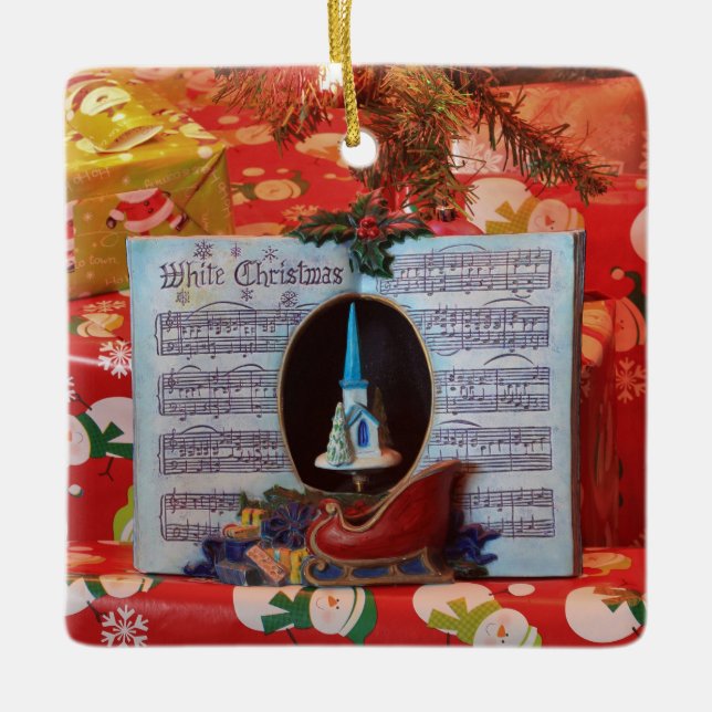 White Christmas and Santa Sleigh Ceramic Ornament (Front)