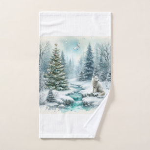 White Christmas Artic Fox Hand Towel