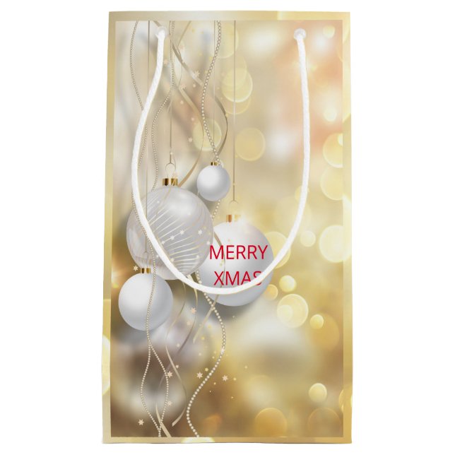 White Christmas Balls And Gold Bubbles Small Gift Bag (Front)