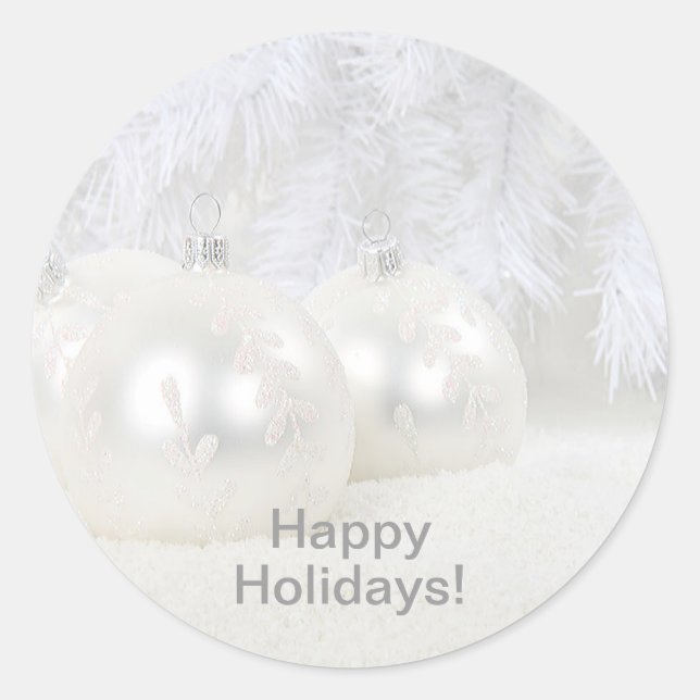 White Christmas Balls on Snow & White Background Classic Round Sticker (Front)