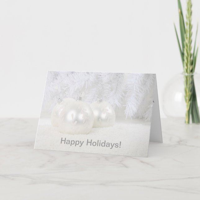White Christmas Balls on Snow & White Background H Holiday Card (Front)