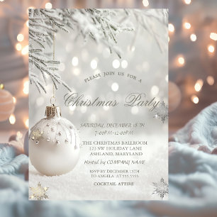 White Christmas Balls, Snowflakes Company Party Invitation