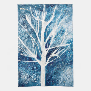 White Christmas birch tree snow Tea Towel