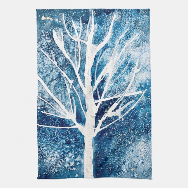White Christmas birch tree snow Tea Towel (Vertical)