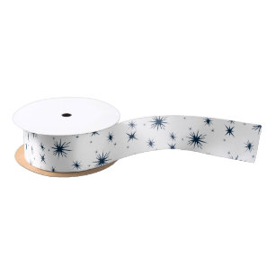 White Christmas Blue Stars Satin Ribbon