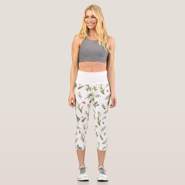 White Christmas botanical elegant modern  Capri Leggings (Front)