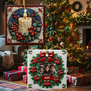 White Christmas Candle Customisable Square Ceramic Ornament