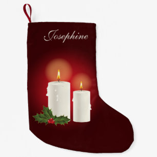 White Christmas Candles On Red With Custom Name Small Christmas Stocking