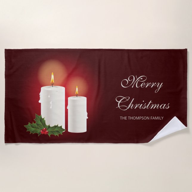 White Christmas Candles On Red With Custom Text Beach Towel (Front)