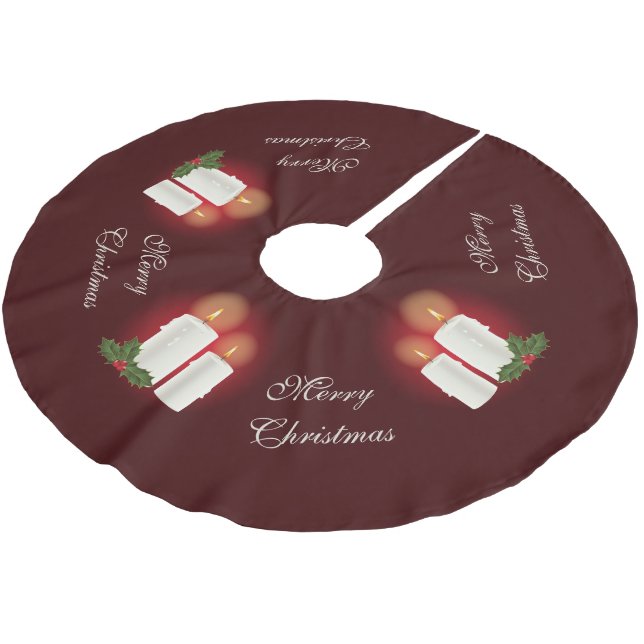 White Christmas Candles On Red With Custom Text Brushed Polyester Tree Skirt (Angled)